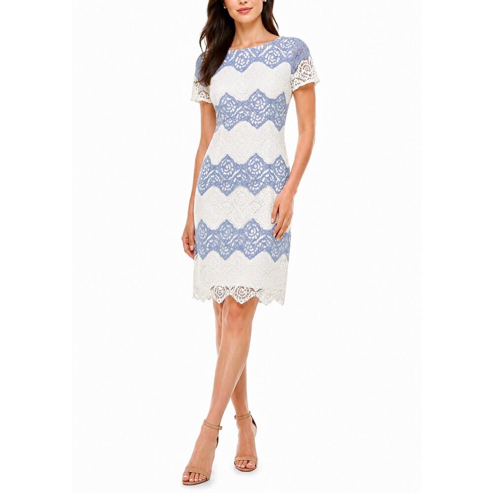 London Times Blue White Lace Sheath Dress Elegant Floral Crochet Overlay Size 6